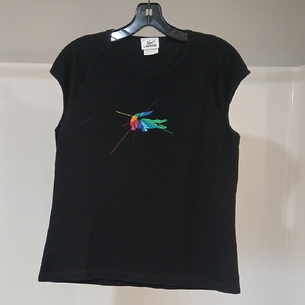 Lacoste Black Tee with Vibrant Embroidery